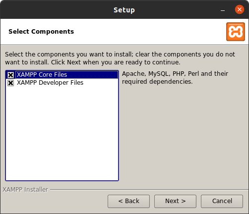 Select XAMPP components to install