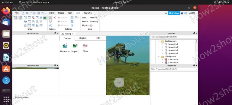 Roblox game Editor screen on Ubuntu 20.04 linux