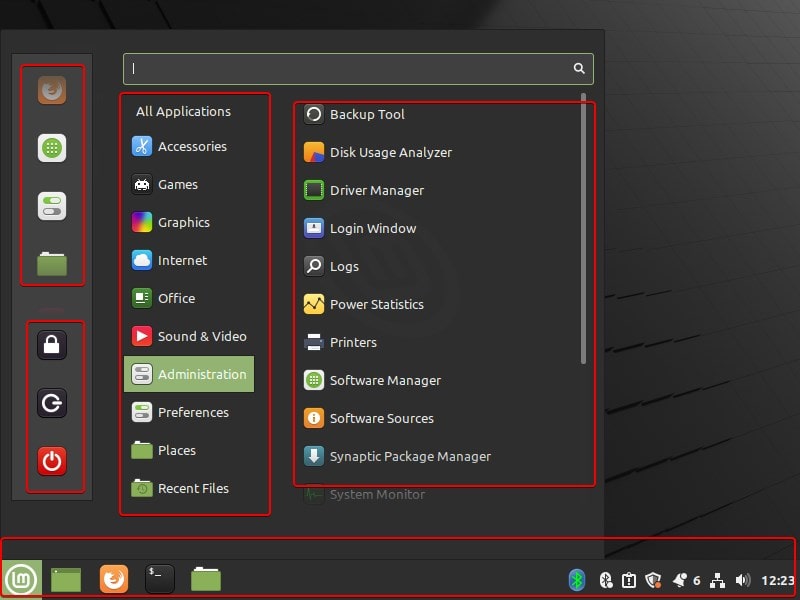 Linux Mint Start menu and interface