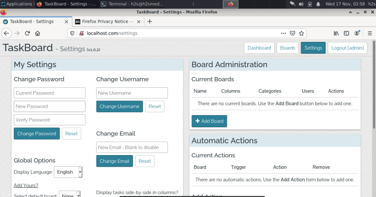 Taskboard installation settings Debian 11 bullseye