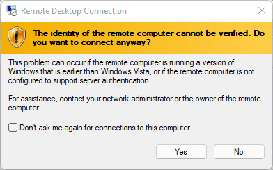 The identity of this computer cannot be verified. Do you wish to continue