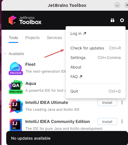 Check for Updates jetbrains Toolbox