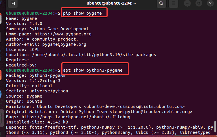 Check the Pygame Install Ubuntu 22.04 or 20.04