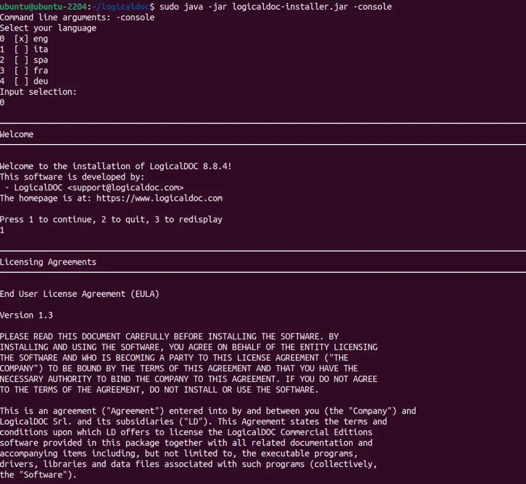 Start LogicalDoc installation on Ubuntu