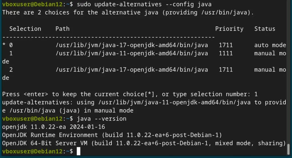 Set OpenJDK 11 as the default in Debian 12