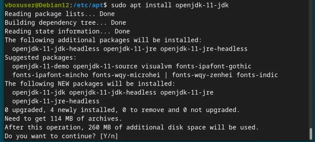 command installing OpenJDK 11 debian 12