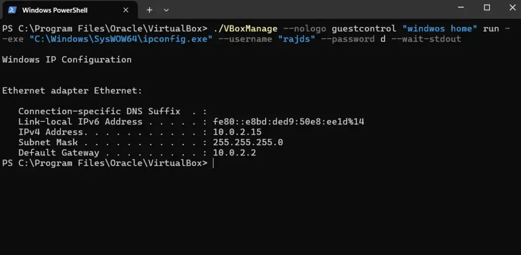 VBOXManage command to find Windows IP address