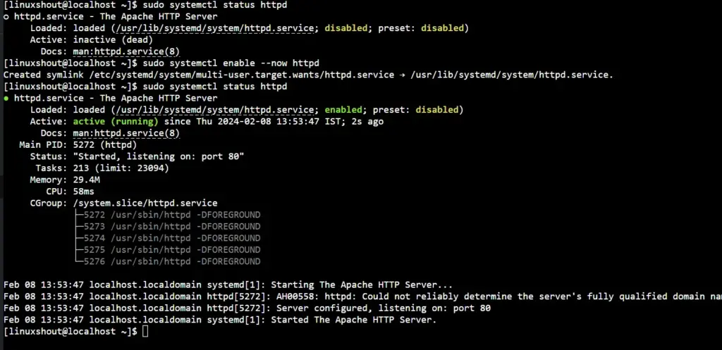 command to check httpd service status