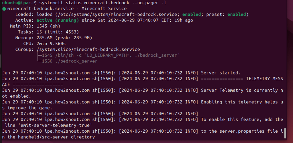 Check MineCraft Bedrock server service status
