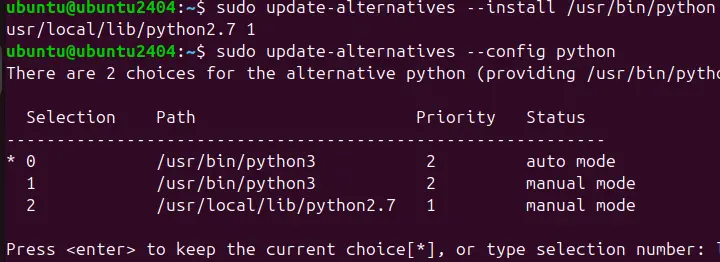 Set Python 2.7 or 3 as default on Ubuntu 24.04
