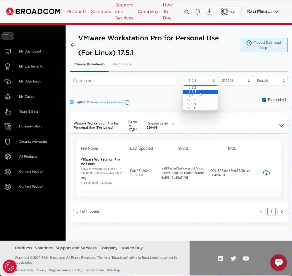 Broadcom page to download vmware workstation