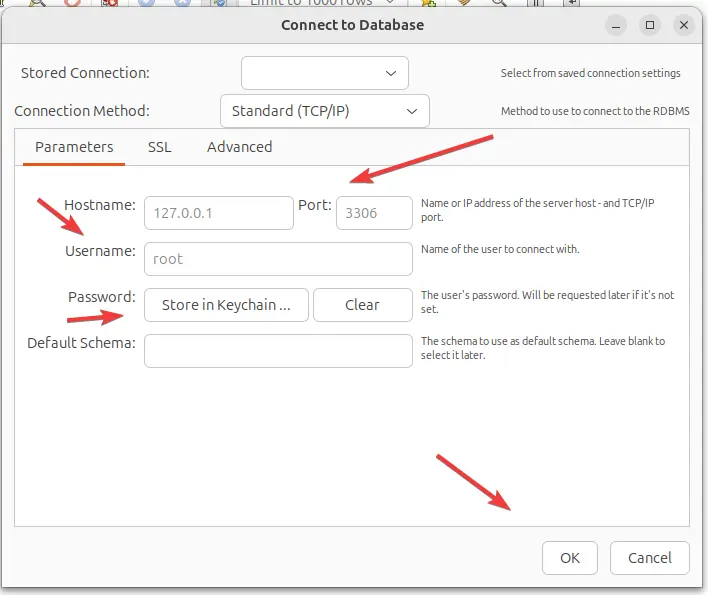 Enter MySQl Database username and password