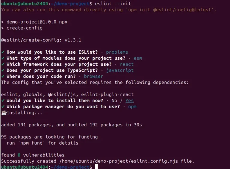 Initialize ESLint install ubuntu 24.04