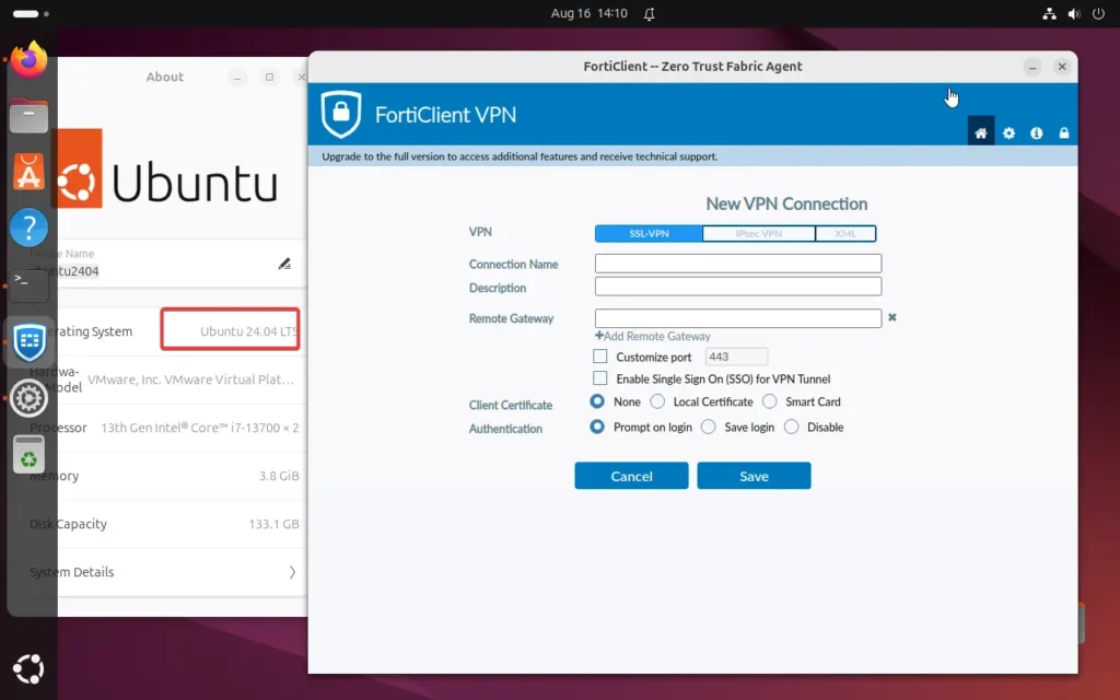 Login to Forticlient VPN on Ubuntu 24.04 after installing