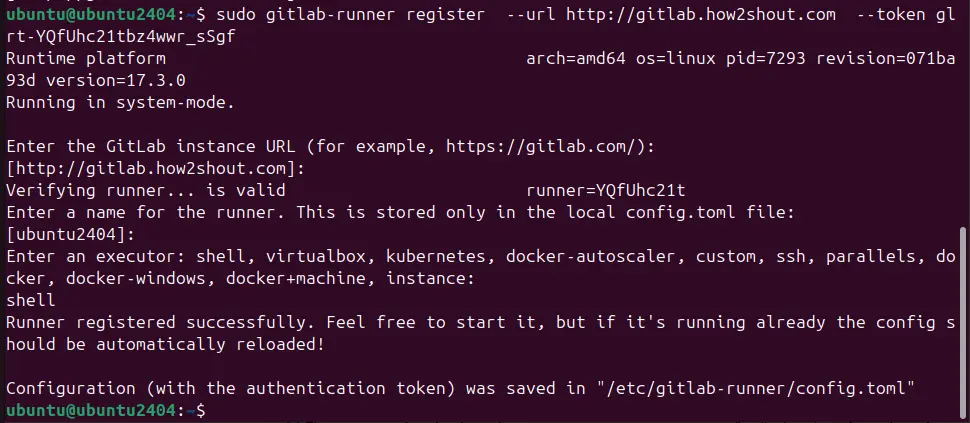 Registering Gitlab Runner in ubuntu terminal