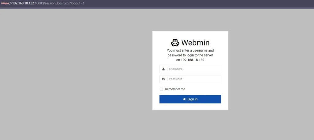 webmin control panel Login page